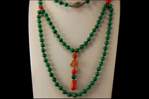 VINTAGE CHINESE MALACHITE CORAL BEADS SILVER NECKLACE D128-03 - Picture 1 of 5