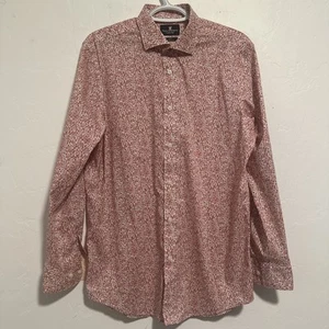 Psycho Bunny Slim Fit Stretch Floral Red Pink Button Down Long Sleeve Shirt 15.5 - Picture 1 of 9