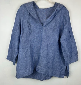 LL Bean Shirt Womens XL Blue Washable 100% Linen Hoodie 3/4 Sleeve Pullover - Picture 1 of 11