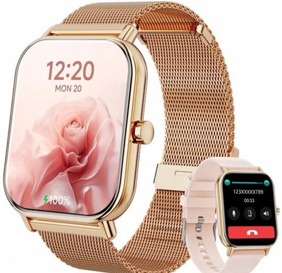 Montre Connecté Doré Acier Inoxydable Écran HD Traqueur Fitness 100 Modes Sports - Photo 1/4