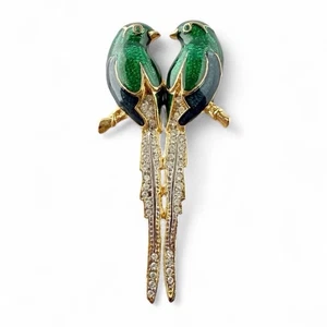 Broche Vintage Martha M Powers Firmado Esmalte Verde Estrás Loros Pájaros Amor - Imagen 1 de 9