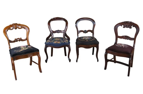 4 Antique Victorian Carved Mahogany Balloon Back Side Chairs Needlepoint Seat Cover