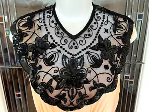 GORGEOUS ANTIQUE LACE Collar SEQUINS & GLASS BEADS Hand Made Black Elegance FAB! - Picture 1 of 12