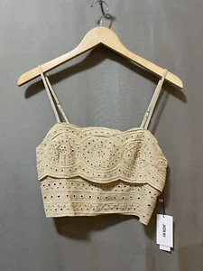 NWT Jason Wu Women Spaghetti Strap Linen Rayon Eyelet Smocked Crop Top SZ 4 Sand - Picture 1 of 13
