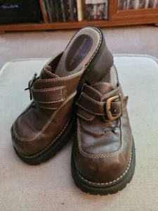 Vtg 90s Y2K Chunky Lower East Side Brown Leather Buckle Mules Clogs Women Sz 6.5 - Picture 1 of 7