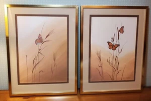 Vtg 70s Signed Litho Art Butterfly Prints Cathy Bouchard Gold Frame Matted MCM - Picture 1 of 12