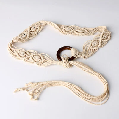 Vintage Fivela Redonda Tecido Cintura Larga Vestido Feminino Borla Corda Cintura Corrente - Imagem 1 de 4