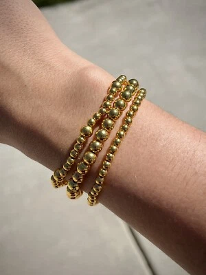 Brazaletes de oro y perlas, juego de 3 piezas C, pulsera elástica 7" - 8 mm cuentas redondas Foto 1 de 3