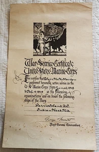 USMC MARINE CORPS CERTIFICADO DE SERVICIO DE GUERRA DE LA PRIMERA GUERRA MUNDIAL 1918-1919 - Imagen 1 de 6