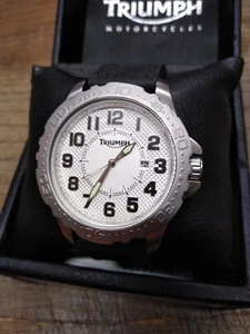 NOS Men's Triumph Motorcycle Quartz Watch White Dial Leather Strap Case Works! - Picture 1 of 13