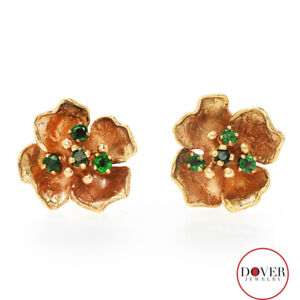 Estate Emerald 14K Yellow Gold Flower Stud Earrings NR