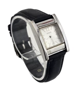 Guess Silver Tone Ladies Watch Square Face w Black Leather Band NEW BATT - Picture 1 of 10