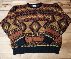 Herren Vintage 90er Pullover M schwarz rot geometrisch strukturiert Rundhals - Bild 1 von 4