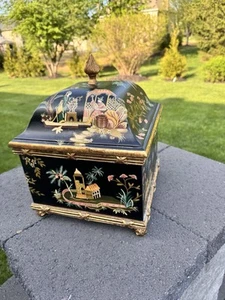 Vintage Oriental Asian Black Lacquer Wooden Jewelry Trinket Box 13.5x10” - Picture 1 of 21