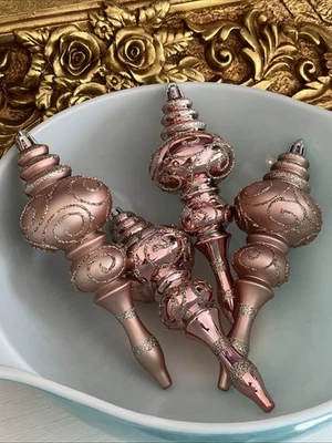 Finial Christmas Tree Ornaments Shatterproof 4 Pc Champagne Pink 7.5” - Image 1 of 4