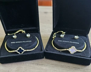 18K Gold-Plated Four-Leaf Clover Bolo Adjustable Bracelet & CZ Stud Earring Set - Picture 1 of 5