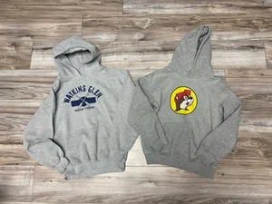 Set of 2 Size Youth Medium Hooded Sweatshirts Grey Buc-ees Watkins Glen NY - Picture 1 of 6