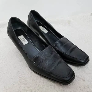 Ann Taylor Loft Heels 6 M Black Leather Square Toe Slip On Dress Pumps - Picture 1 of 7