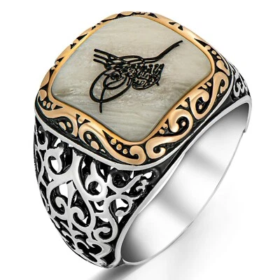Anillo para hombre de plata esterlina 925 maciza con diseño de Tughra en piedra madreperla Foto 1 de 4