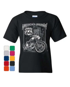America's Highway Youth T-Shirt Route 66 MC Motorcycle Chopper Bobber Kids Tee - Picture 1 of 7