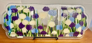 Peggy Karr Art Glass Blue Purple White Flowers 3 Section Serving Tray 20"x8" EUC - Picture 1 of 7