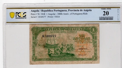 Angola 1948 1 Angolar PCGS Certified Banknote VF 20 Pick 70 300th Anniv Portugal Cover