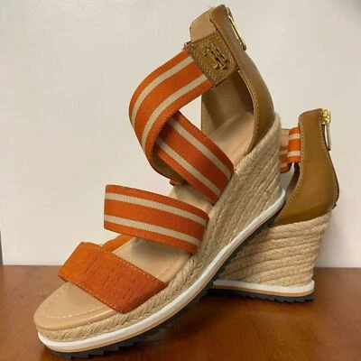 Tommy Hilfiger 女式楔形条纹凉鞋橙色 7.5 码 — 第 1/4 张图片