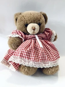 Vintage selten 1983 Gund braun Plüsch Teddybär mit rotem Gingham Kleid Stofftier - Bild 1 von 5