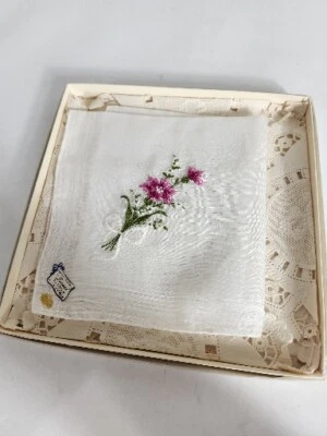 Vtg Burmel Pink Green Embroidered Floral Handkerchief Hankie Sticker Vogue New - Image 1 of 4