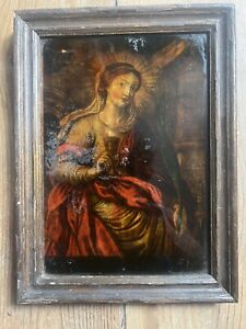 Fixé Sous Verre Peinture Ancienne XVIIe Vierge à l’Hostie Quadro Antico