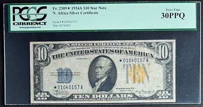 NQC Fr 2309 1934A $10 Star Note – N. Africa Silver Certificate - PCGS VF 30 PPQ - Image 1 of 2