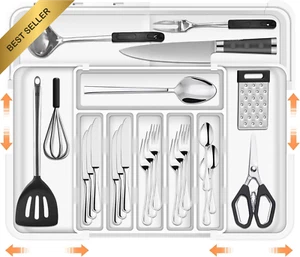 Expandable Cutlery Drawer Organizer 9 Compartments Non-Slip White Large - Picture 1 of 12