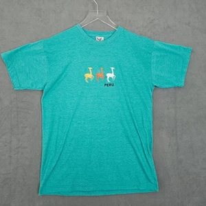 Clever T-Shirt Mens Medium Teal Peru Embroidered Llama Cotton Travel Tee - Picture 1 of 10
