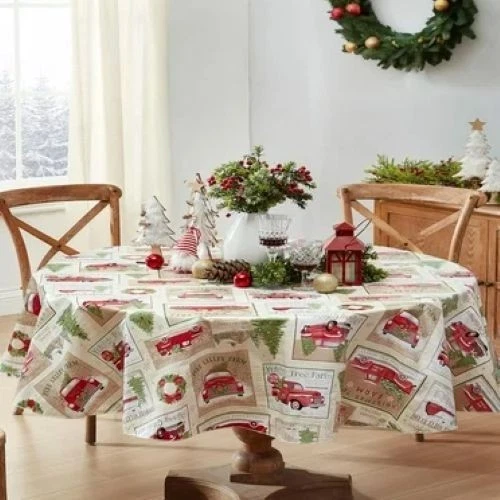 New Christmas Vinyl Tablecloth Red Truck Trees Farm 52" by 90" Happy Holiday - Image 1 of 1