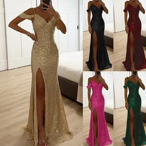 Elegant Women Halter V Neck Sequined Maxi Dress for Party Casual Evening Wear - Picture 1 of 23