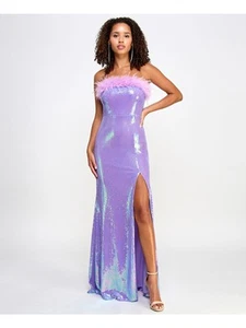 EMERALD SUNDAE Womens Purple Feather Trim Thigh-high Slit Dress Juniors L\G - Picture 1 of 9