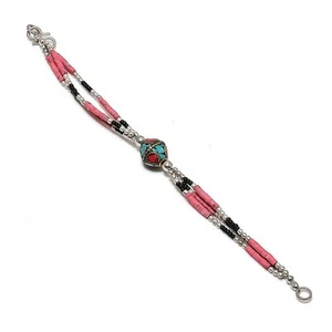Rote Koralle Türkis Onyx Armband Tibetisches Silber Perlen Schmuck 6 Zoll... - Bild 1 von 6