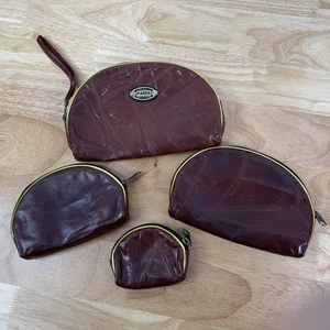 Original Paris Design Burgundy Leather Cosmetic Bag Coin Purse Make Up Set Of 4 - Picture 1 of 7