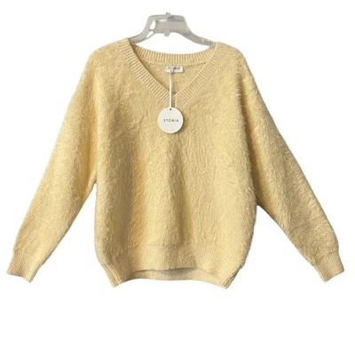 STORIA Women's Fuzzy V Neck Sweater Butter Cream Long Sleeve Cozy Pullover Sz L - Image 1 of 4