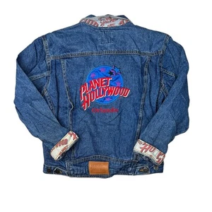 Planet Hollywood VTG 90s Embroidered Logo Denim Trucker Jacket Orlando, FL L/XL - Picture 1 of 8