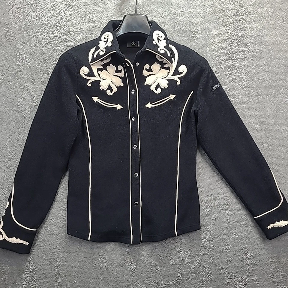 Bogner Western Black Embroidered Fleece Shirt  Button Snap Women's Medium VTG - Imagem 1 de 4