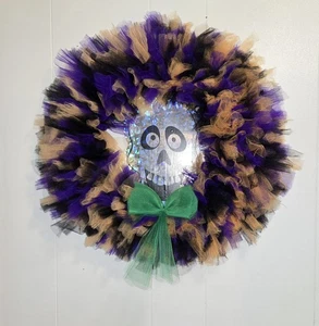 Handmade Halloween Tulle Wreath-18in-holographic Skeleton Face W/multi Colors - Picture 1 of 3