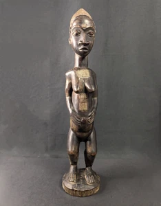 African Baule Statue Ivory Coast Carved Wood Female Figure 24" Vintage - Picture 1 of 15