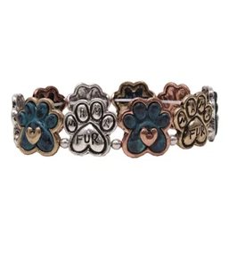 Mama Bear Theme Mama Paws Mama Fur Tri Tone Patina Metal Stretch Bracelet   - Picture 1 of 1