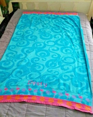 Painted Beach Cotton Towel Blue/Pink/Orange Flower Flamingo Embroidered Desty - Image 1 of 4