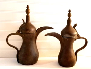Set of 2 Dallah Antique Brass Middle Eastern Coffee Pot 11" Stamped Makers Mark - Picture 1 of 24