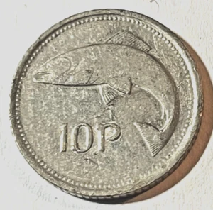 1994 Ireland 10 pence Coin Salmon Fish and Irish Harp Animal River Wildlife - Picture 1 of 2