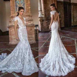 Sexy Mermaid Wedding Dresses Deep V-Neck with Feathers Sweep Train Bridal Gowns - Picture 1 of 8