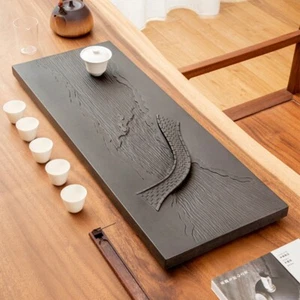 Hand Carved Bridge Design Water Draining Tea Tray Black Stone Weighted Tea Table - Picture 1 of 12