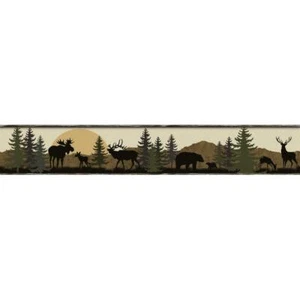 Moose, Bear, Elk, Deer Lodge Silhouettes on Sure Strip Wallpaper Border LM7946BD - Picture 1 of 3